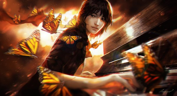 Anime picture 1300x710 with valentina remenar single fringe short hair black hair wide image looking away lips sunlight evening sunset playing instrument girl insect butterfly musical instrument sun piano
