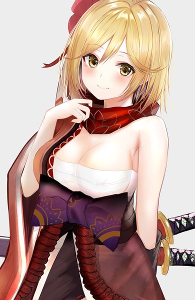 Anime picture 1388x2131 with granblue fantasy gita (granblue fantasy) efuri (riarea00) single tall image looking at viewer blush fringe short hair breasts light erotic simple background blonde hair smile hair between eyes standing yellow eyes cleavage traditional clothes head tilt