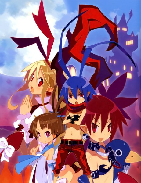 イラスト 1154x1500 と ディスガイア disgaea d2 エトナ フロン プリニー laharl flonne (fallen angel) sicily (disgaea) はらたけ 長髪 長身像 カメラ目線 短い髪 金髪 笑顔 赤い目 茶色の髪 multiple girls 青い髪 アホ毛