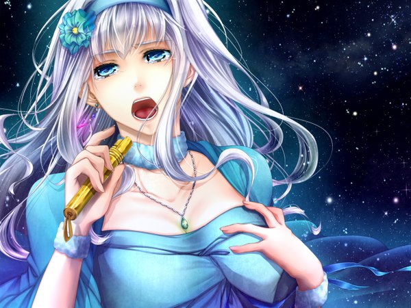 Anime picture 1333x1000 with macross macross frontier sheryl nome blue eyes silver hair hair flower night singing girl hair ornament hairband star (stars) jewelry