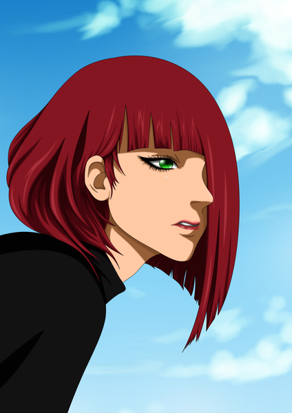 Anime picture 1000x1414 with original flowerinhell single tall image fringe short hair green eyes sky cloud (clouds) red hair lips hair over one eye grin girl
