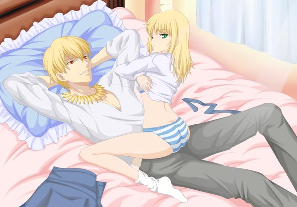 Anime picture 3508x2455 with fate (series) fate/zero type-moon artoria pendragon (all) saber gilgamesh (fate) katze (776642) long hair highres short hair light erotic blonde hair red eyes green eyes absurdres lying couple girl boy underwear
