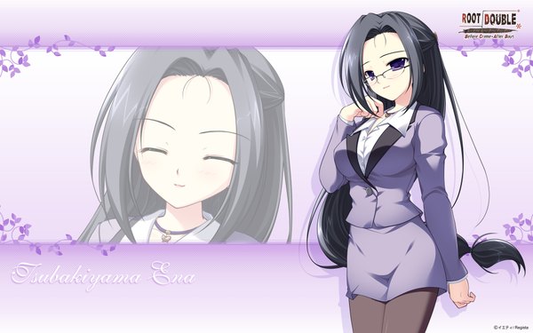 Anime picture 1920x1200 with root double fsubakiyama ena long hair highres black hair wide image purple eyes game cg girl glasses suit