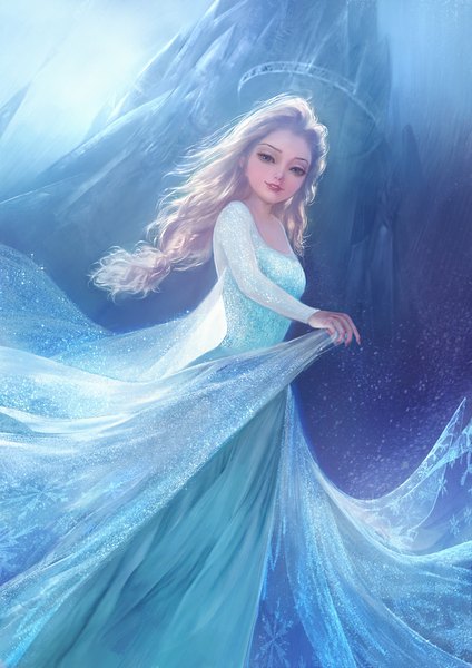 Anime picture 800x1132 with frozen (disney) disney elsa (frozen) da congjun single long hair tall image looking at viewer blue eyes silver hair lips from below mountain snowflake print girl dress blue dress castle