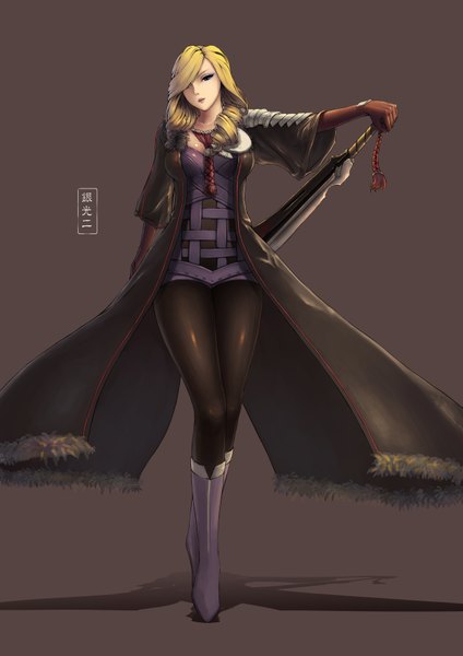 Anime picture 2480x3507 with blade & soul oinari risuru tall image looking at viewer fringe highres blue eyes simple background blonde hair hair over one eye shadow brown background girl uniform weapon school uniform sword shoes