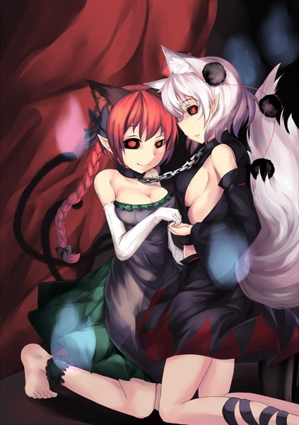 Anime picture 1223x1736 with touhou inubashiri momiji kaenbyou rin 463 jun long hair tall image looking at viewer short hair breasts light erotic smile red eyes bare shoulders multiple girls animal ears cleavage silver hair red hair tail animal tail