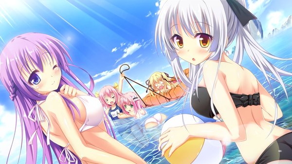 Anime picture 1024x576 with hanayome to maou celica tepes lunatica kuzuryuu tooko rushiera purodia shidou nia long hair blush short hair open mouth blue eyes light erotic blonde hair smile wide image multiple girls yellow eyes pink hair game cg sky purple hair