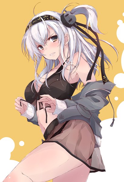 Anime picture 616x900 with kantai collection suzutsuki (kancolle) yumesato makura single long hair tall image looking at viewer blush fringe breasts light erotic simple background hair between eyes large breasts bare shoulders silver hair bent knee (knees) ass off shoulder open jacket