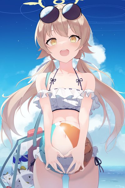 Anime picture 1351x2027 with blue archive hifumi (blue archive) hifumi (swimsuit) (blue archive) mizu (lzzrwi603) single long hair tall image looking at viewer open mouth light erotic blonde hair standing twintails yellow eyes sky cloud (clouds) :d low twintails sunglasses on head girl