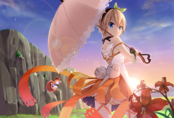 Anime picture 1467x1000 with tales of (series) tales of zestiria edna (tales) normin (tales) meso-meso single looking at viewer short hair blue eyes blonde hair bare shoulders sky looking back sunlight evening sunset expressionless girl dress flower (flowers)