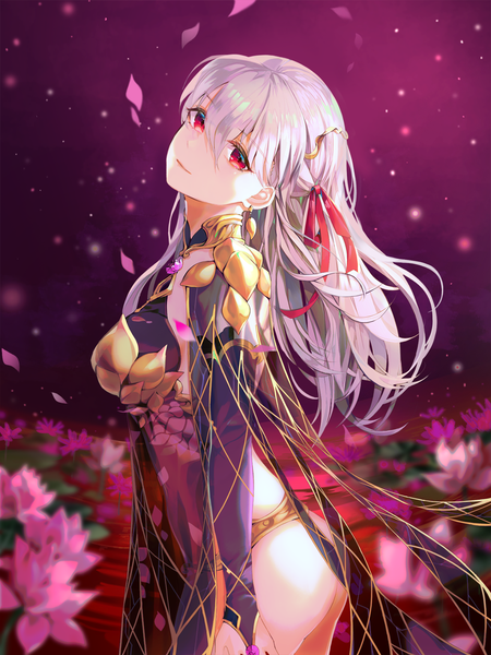 Anime picture 1300x1733 with fate (series) fate/grand order kama (fate) buri (retty9349) single long hair tall image looking at viewer blush fringe breasts light erotic hair between eyes red eyes standing silver hair light smile wind turning head girl