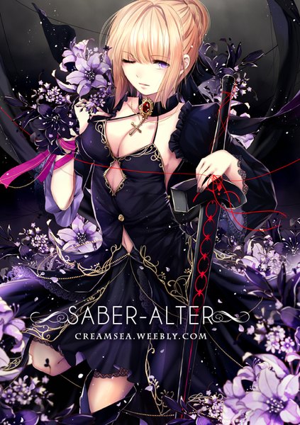 Anime picture 565x800 with fate (series) fate/grand order fate/stay night artoria pendragon (all) saber saber alter creamsea single tall image looking at viewer fringe short hair blonde hair simple background standing purple eyes holding signed payot cleavage