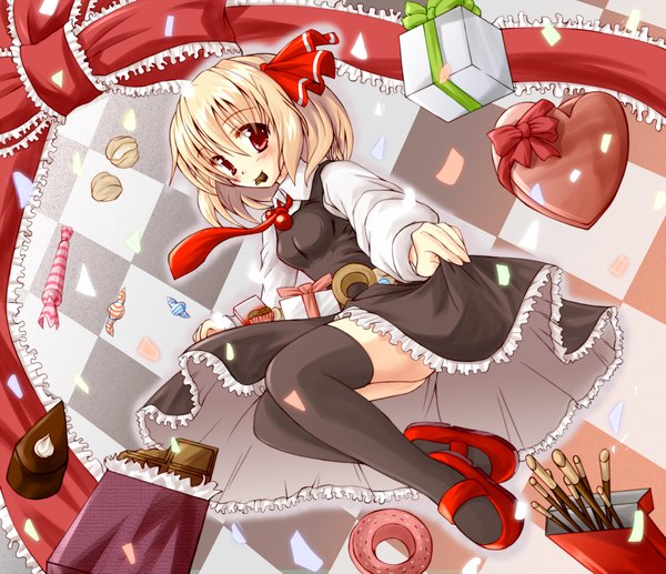 Anime picture 1450x1250 with touhou rumia hiiragi tomoka single blush short hair blonde hair red eyes mouth hold girl thighhighs dress black thighhighs necktie food sweets cake chocolate pocky confetti