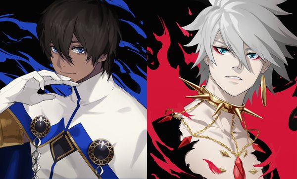 Anime picture 2436x1475 with fate (series) fate/grand order karna (fate) arjuna (fate) himmel looking at viewer fringe highres short hair blue eyes black hair hair between eyes wide image silver hair upper body parted lips multiple boys dark skin multiview boy