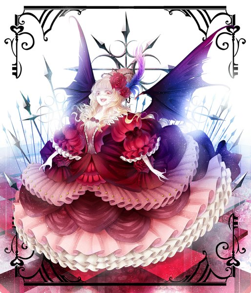 Anime picture 1000x1167 with original rinko (mg54) long hair tall image open mouth blonde hair red eyes hair flower teeth fang (fangs) scar girl dress hair ornament wings frills