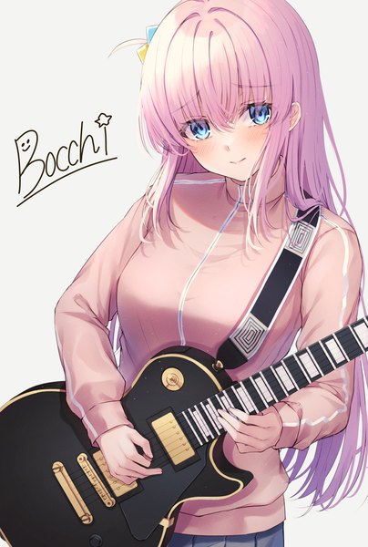 Anime picture 1185x1759 with bocchi the rock! cloverworks gotou hitori primamiya single long hair tall image blush fringe blue eyes simple background smile hair between eyes pink hair upper body embarrassed copyright name one side up playing instrument girl