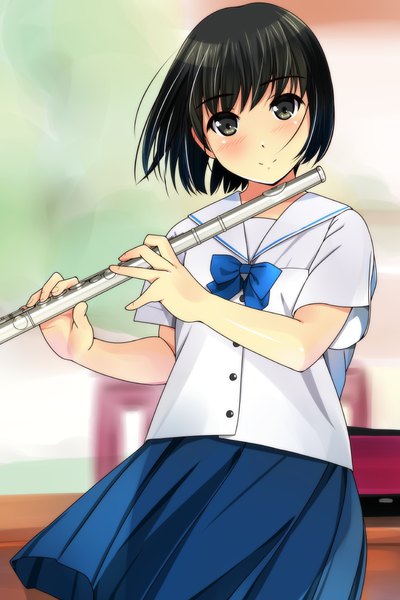 Anime picture 800x1200 with original matsunaga kouyou single tall image looking at viewer blush fringe short hair black hair smile brown eyes girl skirt uniform shirt serafuku white shirt bowtie musical instrument flute