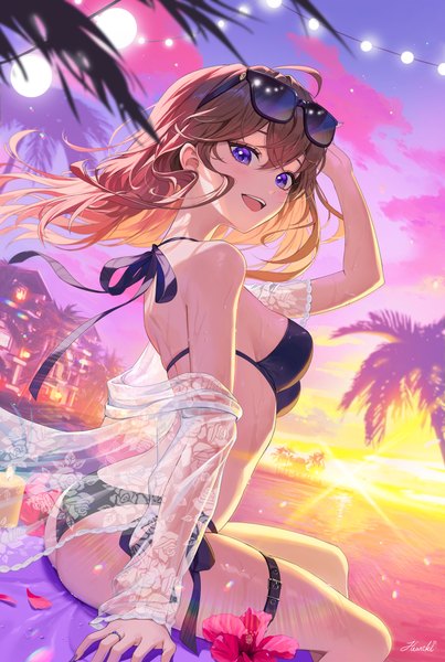 Anime picture 2946x4387 with original heartki single long hair tall image looking at viewer blush fringe highres breasts open mouth light erotic smile hair between eyes brown hair sitting signed sky outdoors ass