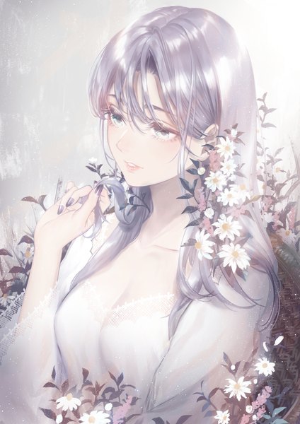 Anime picture 1200x1697 with original cako asida single long hair tall image blush fringe breasts simple background hair between eyes looking away cleavage upper body nail polish parted lips fingernails grey hair wide sleeves holding hair white eyes