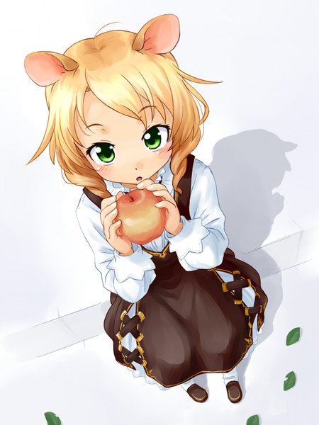 Anime-Bild 600x800 mit original mariel-san punto single tall image looking at viewer blush short hair open mouth simple background blonde hair sitting holding green eyes animal ears payot ahoge long sleeves from above grey background