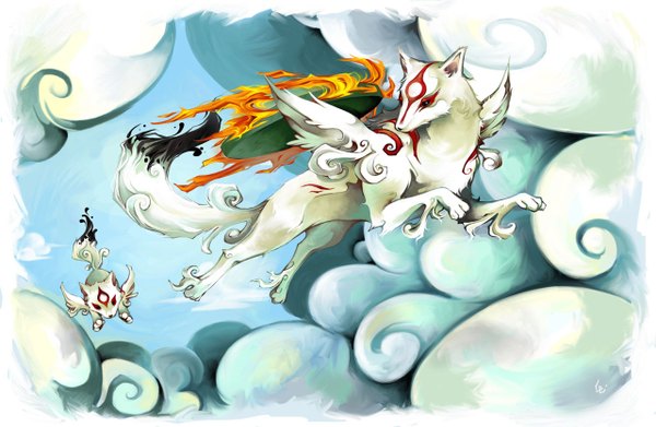 Anime picture 1280x836 with okami amaterasu (okami) unodu cloud (clouds) flying animal wings fire wolf
