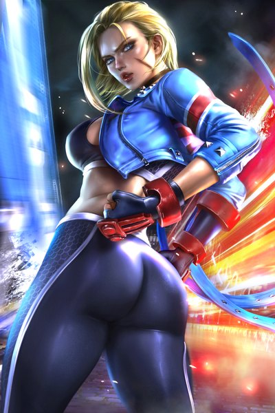 Anime-Bild 2362x3543 mit street fighter street fighter 6 capcom cammy white logan cure single tall image looking at viewer highres short hair breasts blue eyes light erotic blonde hair large breasts standing outdoors ass parted lips looking back