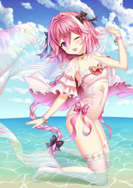 Anime picture 1060x1500 with fate (series) fate/apocrypha astolfo (fate) aaeru single tall image looking at viewer blush fringe breasts open mouth light erotic hair between eyes purple eyes holding pink hair sky cloud (clouds) full body outdoors