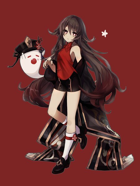 Anime picture 1537x2048 with genshin impact hu tao (genshin impact) boo tao (genshin impact) merry-san single tall image looking at viewer fringe simple background hair between eyes red eyes brown hair standing twintails bare shoulders full body bent knee (knees) long sleeves very long hair nail polish