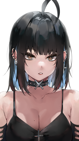 Anime picture 2474x4425 with original irene (kanniiepan) kanniiepan single tall image looking at viewer fringe highres short hair breasts light erotic black hair simple background large breasts white background bare shoulders brown eyes cleavage upper body ahoge
