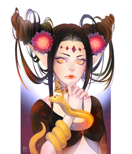Anime picture 1030x1200 with original saiprin single long hair tall image brown hair signed yellow eyes looking away upper body hair flower pointy ears mole hair bun (hair buns) mole under eye lipstick red lipstick hand to mouth thinking girl