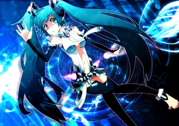 イラスト 1800x1272 と ボーカロイド vocaloid append 初音ミク 初音ミクappend zen33n highres 青い目 ツインテール 青い髪 裸足 絶対領域 女の子 ストッキング 手袋 へそ partly fingerless gloves