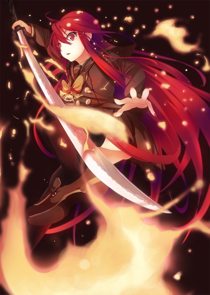 Anime picture 1020x1433 with shakugan no shana j.c. staff shana sawa nao single long hair tall image fringe red eyes holding red hair black background jumping girl thighhighs uniform bow weapon black thighhighs sword