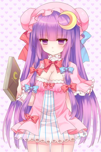 Anime picture 2000x3000 with touhou patchouli knowledge tsukikage nemu single long hair tall image looking at viewer blush highres purple eyes purple hair girl dress bow hair bow book (books) bonnet