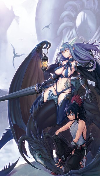 Anime picture 1076x1880 with original pixiv fantasia ayaki (artist) long hair tall image breasts blue eyes light erotic black hair bare shoulders yellow eyes blue hair horn (horns) tattoo demon girl girl boy navel weapon wings