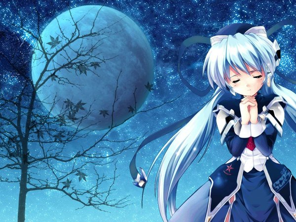 Anime picture 1024x768 with planetarian hoshino yumemi blue hair night jpeg artifacts moon android