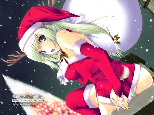 Anime picture 1024x768 with iizuki tasuku blush open mouth light erotic blonde hair sitting sky tail looking back horn (horns) night sweat dutch angle pantyshot night sky snowing christmas winter striped antlers