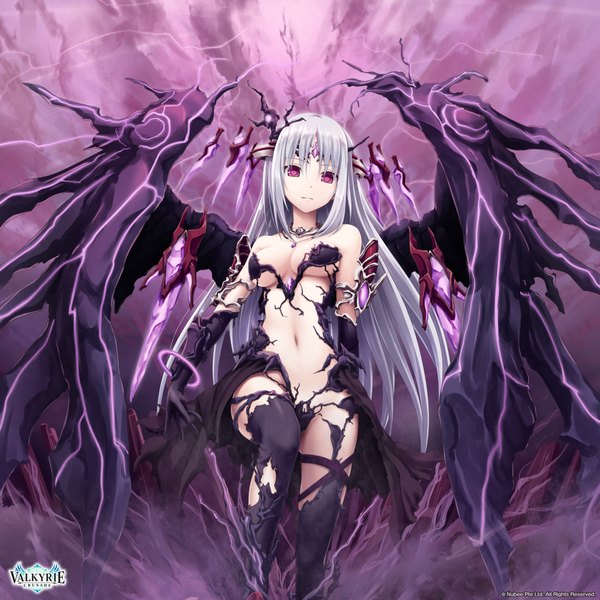 Anime picture 2048x2048 with shinkai no valkyrie chaos (shinkai no valkyrie) akkijin single long hair looking at viewer highres breasts light erotic purple eyes silver hair horn (horns) girl thighhighs gloves navel black thighhighs wings