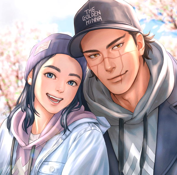 Anime picture 2781x2754 with golden kamuy asirpa sugimoto saichi mprichin long hair looking at viewer highres short hair blue eyes black hair brown hair signed yellow eyes upper body lips blurry open jacket alternate costume cherry blossoms scar