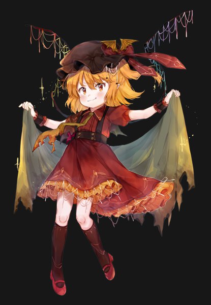 Anime picture 2062x2980 with touhou flandre scarlet useq1067 single tall image looking at viewer fringe highres short hair blonde hair simple background smile hair between eyes yellow eyes fang (fangs) one side up black background alternate wings girl dress