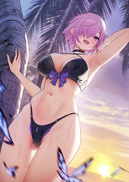 Anime picture 1190x1670 with fate (series) fate/grand order mash kyrielight solar (happymonk) single tall image looking at viewer fringe short hair breasts open mouth light erotic large breasts purple eyes purple hair outdoors :d hair over one eye from below armpit (armpits)