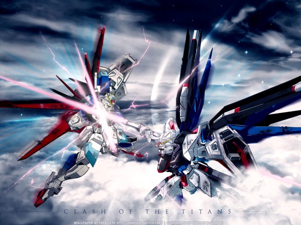 Anime picture 1280x960 with gundam seed destiny ningen (nattoli) arisawa hiroshi signed sky cloud (clouds) inscription wallpaper flying no people third-party edit battle damage sword armor star (stars) robot mecha shield