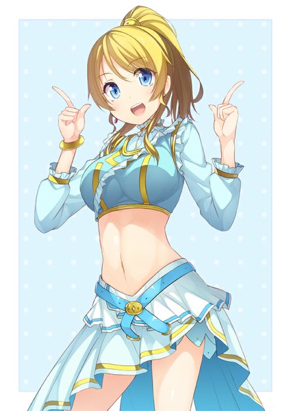 Anime picture 600x847 with love live! school idol project sunrise (studio) love live! ayase eli siva (executor) single long hair tall image looking at viewer blush fringe open mouth blue eyes blonde hair smile ponytail from below border girl skirt