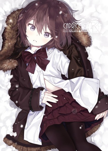 Anime picture 713x1000 with original capriccio single tall image looking at viewer blush fringe short hair hair between eyes brown hair signed outdoors lying long sleeves parted lips pleated skirt from above open jacket on back grey eyes