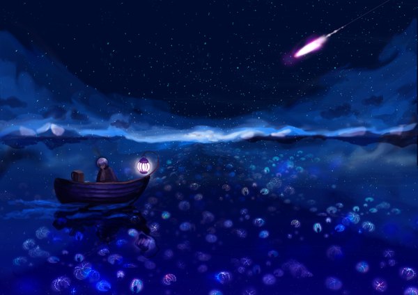 Anime picture 3508x2480 with mushishi ginko asa (hemp502) single highres short hair sky night night sky glowing scenic shooting star boy water sea star (stars) lamp watercraft boat jellyfish