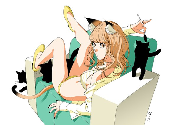 Anime picture 1000x707 with original nattu single long hair looking at viewer fringe light erotic simple background white background animal ears tail lying nail polish animal tail cat ears orange hair open clothes open jacket bare belly cat tail