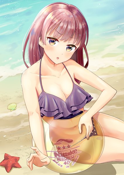 Anime picture 2894x4093 with original jirozero0914 single long hair tall image looking at viewer blush fringe highres breasts open mouth light erotic sitting purple eyes bare shoulders holding green eyes yellow eyes payot outdoors