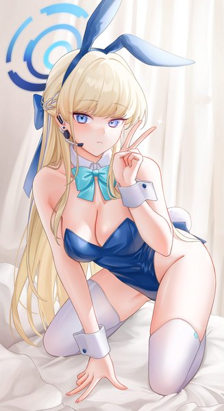 Anime picture 2500x4593 with blue archive toki (blue archive) toki (bunny) (blue archive) gfpebs single long hair tall image looking at viewer fringe highres breasts blue eyes light erotic blonde hair large breasts bare shoulders animal ears cleavage blunt bangs arm support
