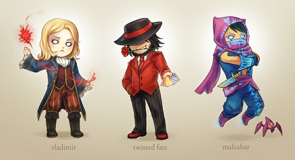 Anime picture 1123x611 with league of legends vladimir (league of legends) twisted fate (league of legends) malzahar (league of legends) looking at viewer blush blue eyes black hair blonde hair wide image tattoo crossed arms chibi hands on hips o o blank eyes boy hat belt rose (roses)