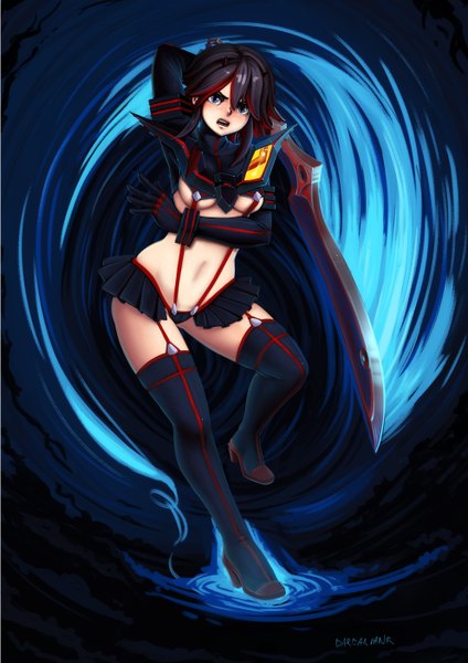 Anime picture 992x1403 with kill la kill studio trigger matoi ryuuko barbariank (artist) single tall image blush short hair breasts open mouth blue eyes light erotic black hair full body multicolored hair two-tone hair streaked hair girl thighhighs gloves