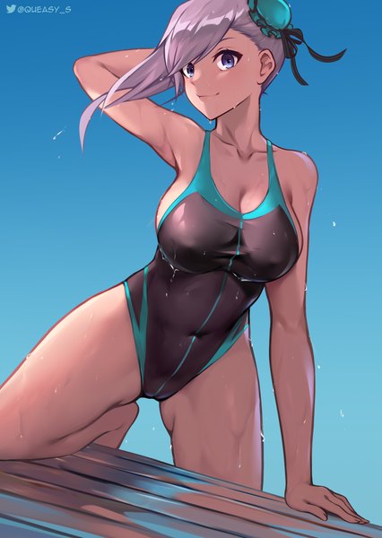Anime picture 2480x3496 with fate (series) fate/grand order miyamoto musashi (fate) miyamoto musashi (swimsuit berserker) (fate) queasy s single long hair tall image looking at viewer blush fringe highres blue eyes light erotic smile holding signed sky silver hair outdoors